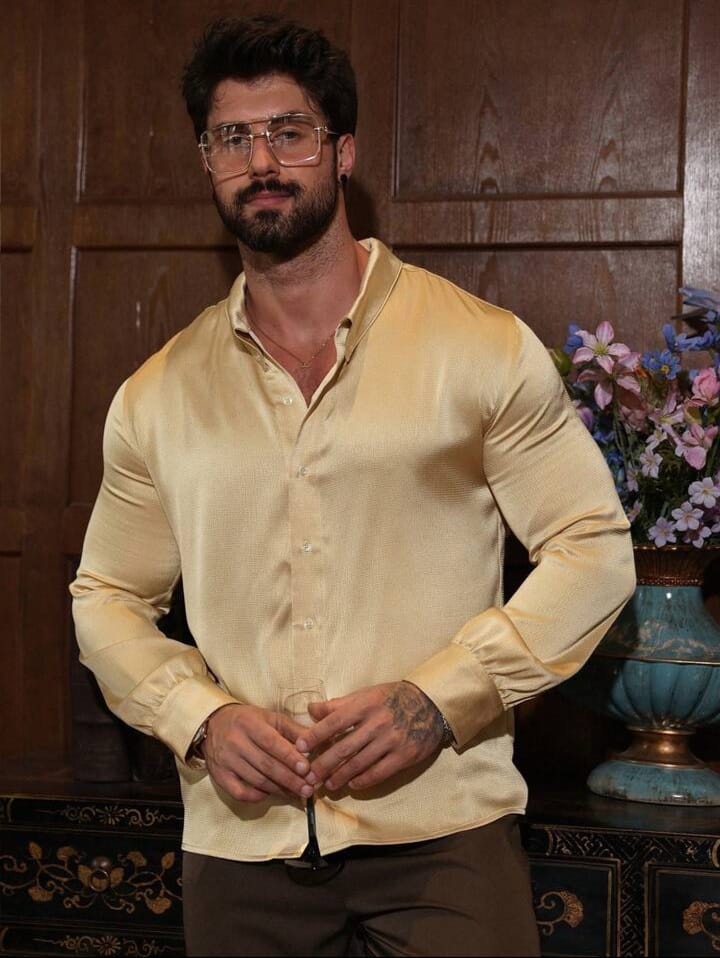 Apricot Glossy Casual Long Sleeve Shirt For Men